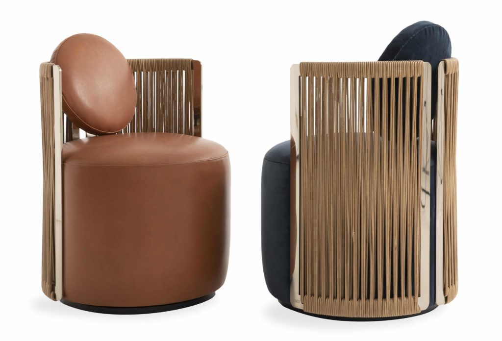 כורסאות עור עגולות עם משענות תואמות וגב העשוי מכפיסי עץ, בעיצוב פנדי קאזה