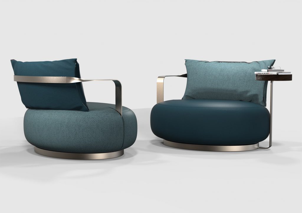 כורסאות עגולות בגובה הרצפה עם שלדי מתכת ומושבים ומשענות מעור או מאריג, בעיצוב Corte Zari